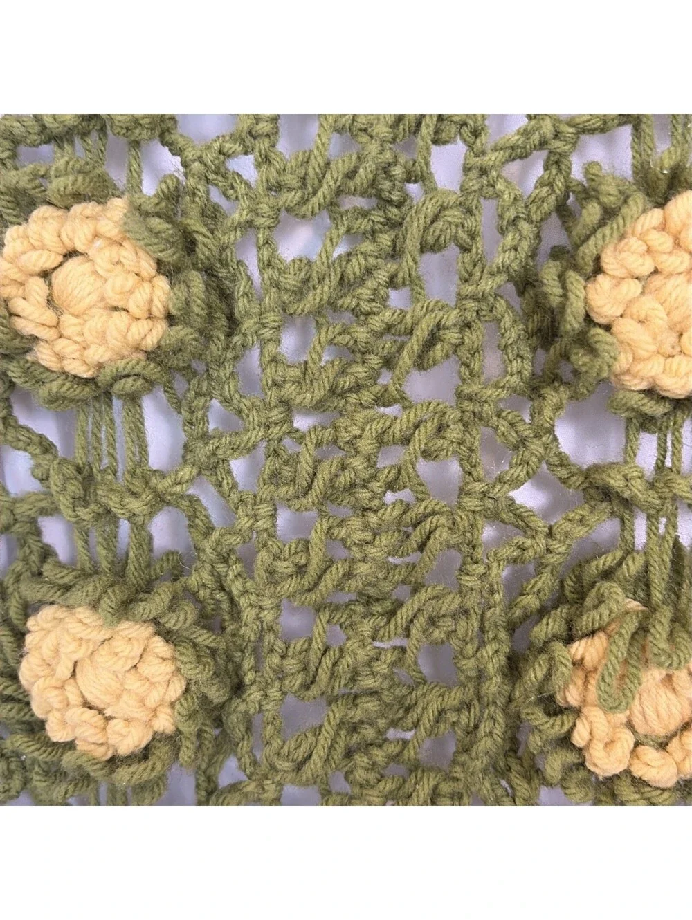 Vtg 70s Handmade Crochet Granny Boho Flower Green Table Runner Dresser Scarf